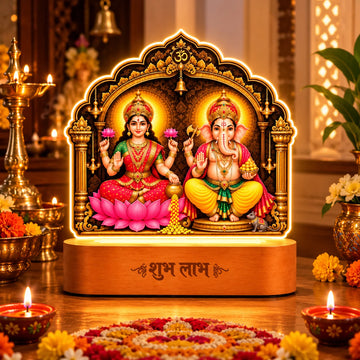 Diwali Gift Lakshmi Ganesh LED Lamp | 5 mm Acrylic Pooja Room Frame with Wooden Base