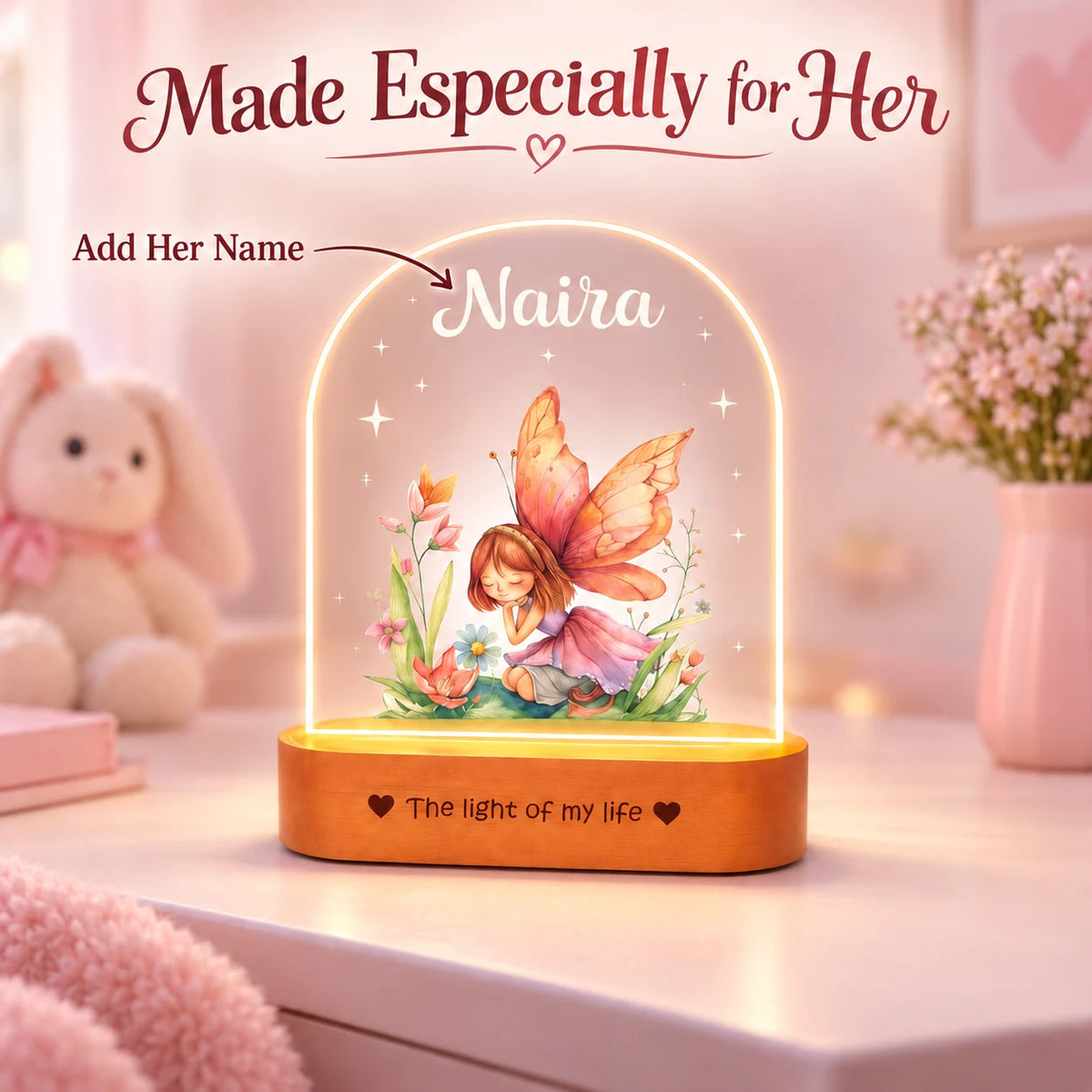Personalized Name Night Lamp for Daughter | Custom Fairy LED Lamp | Birthday Gift for Daughter | Baby Girl Room Decor | 8x6x2 Inch Acrylic Lamp with Wooden Base