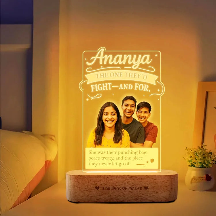 Punching Bag Princess - Personalized Rakhi Gift for Sister with Two Brothers | LED Acrylic Photo Lamp