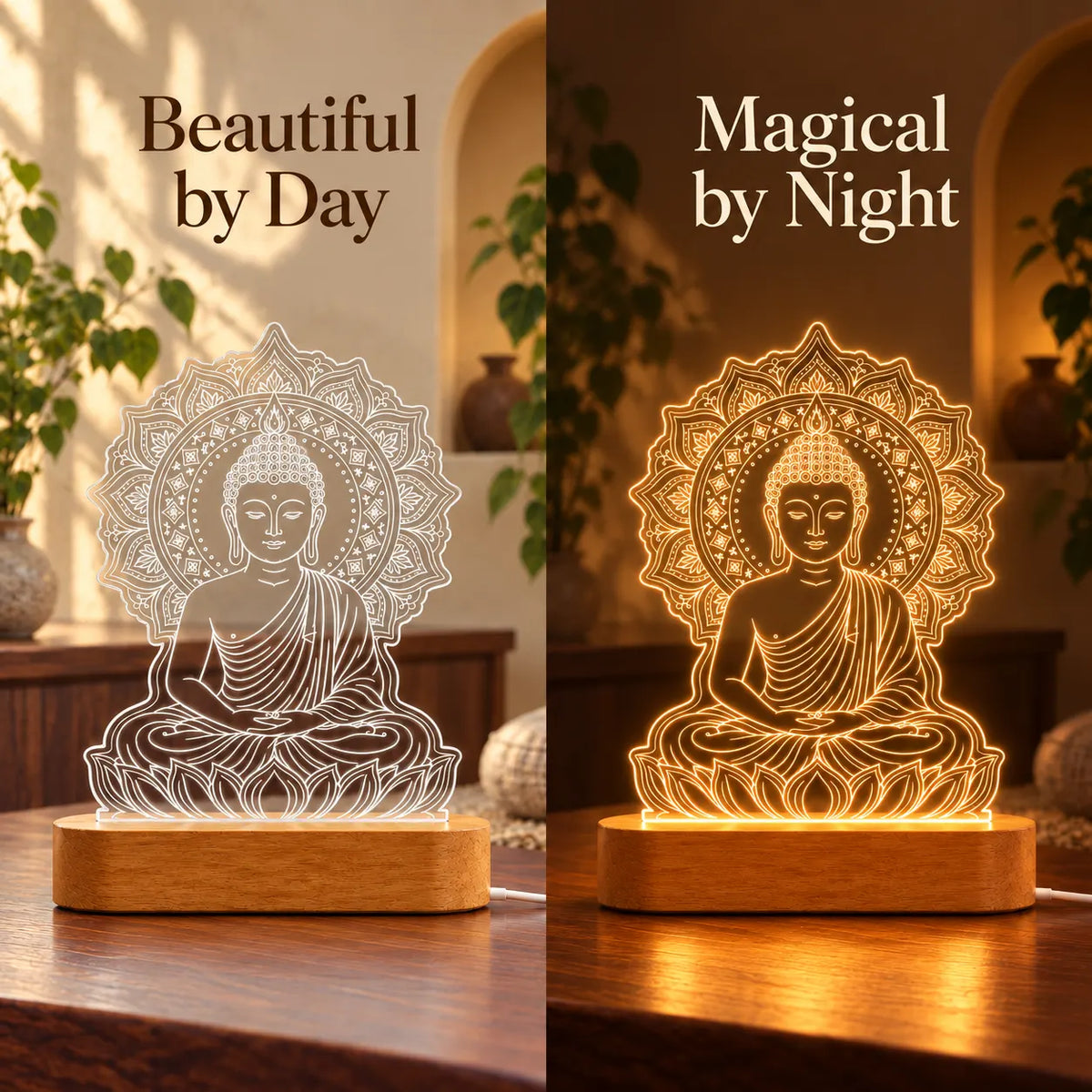 Gautam Buddha Statue LED Lamp – Mandala Buddha Showpiece for Home Decor
