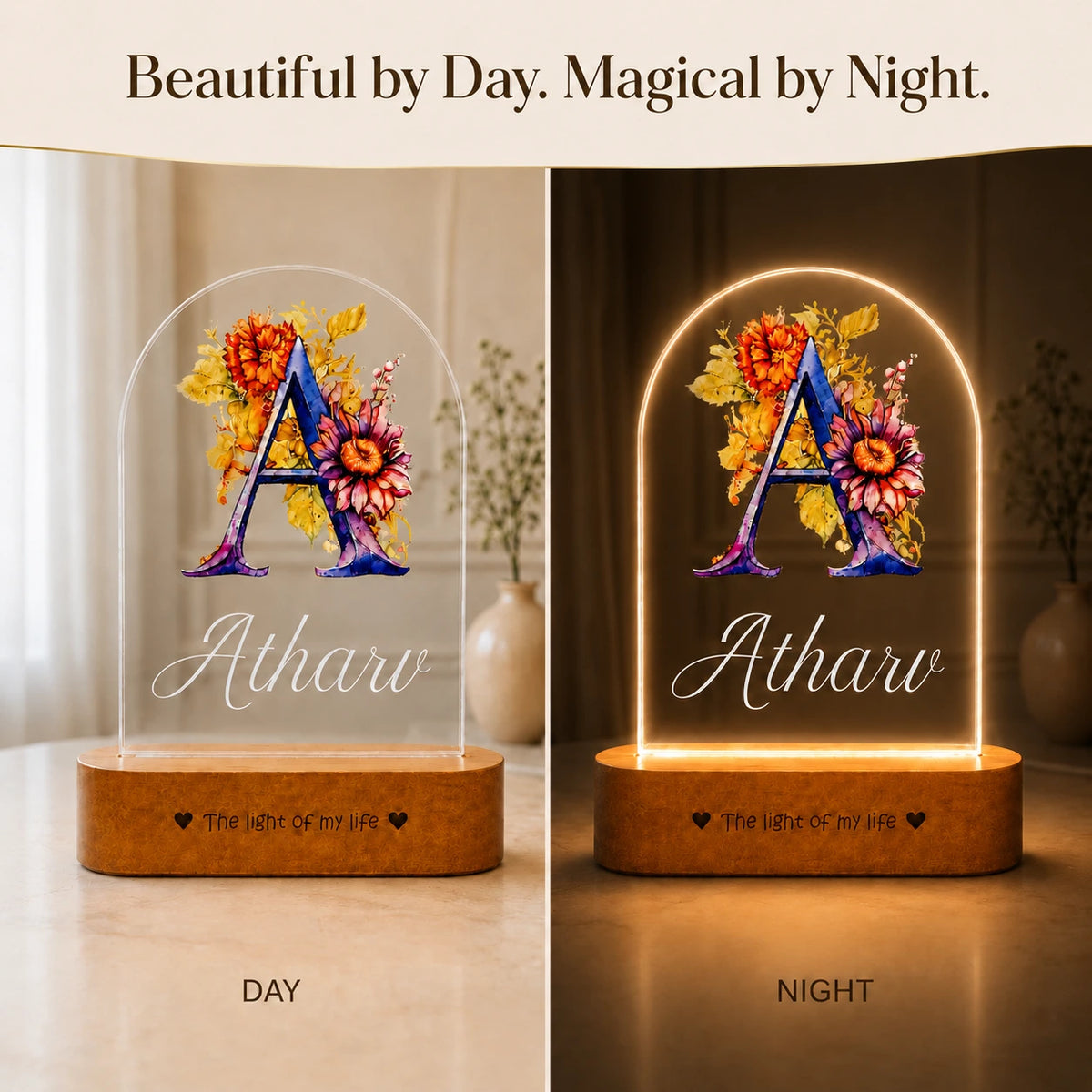 Birthday Gift for Son – Personalised Name LED Lamp with Wooden Base
