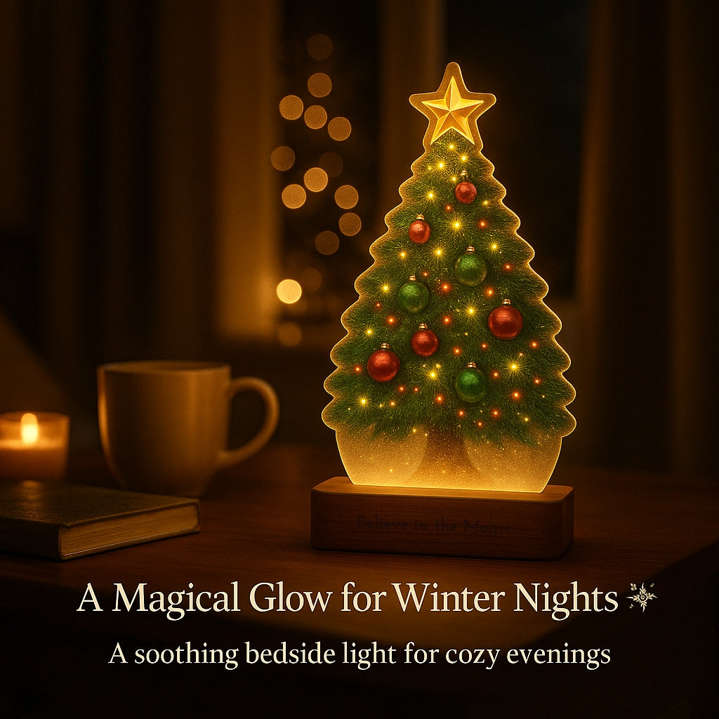 Christmas Tree Lamp – Christmas Decor & Gift | Warm LED Glow | Believe in the Magic Engraved Wooden Base