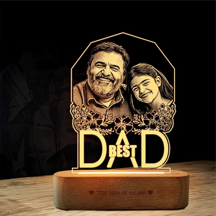 Best Father’s Day Gift – Custom Engraved Acrylic Lamp with Photo & "Best Dad" Quote | Warm Wooden Base