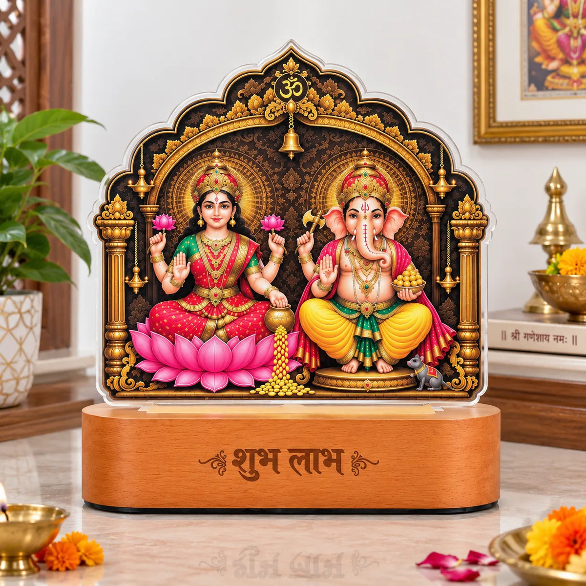 Diwali Gift Lakshmi Ganesh LED Lamp | 5 mm Acrylic Pooja Room Frame with Wooden Base