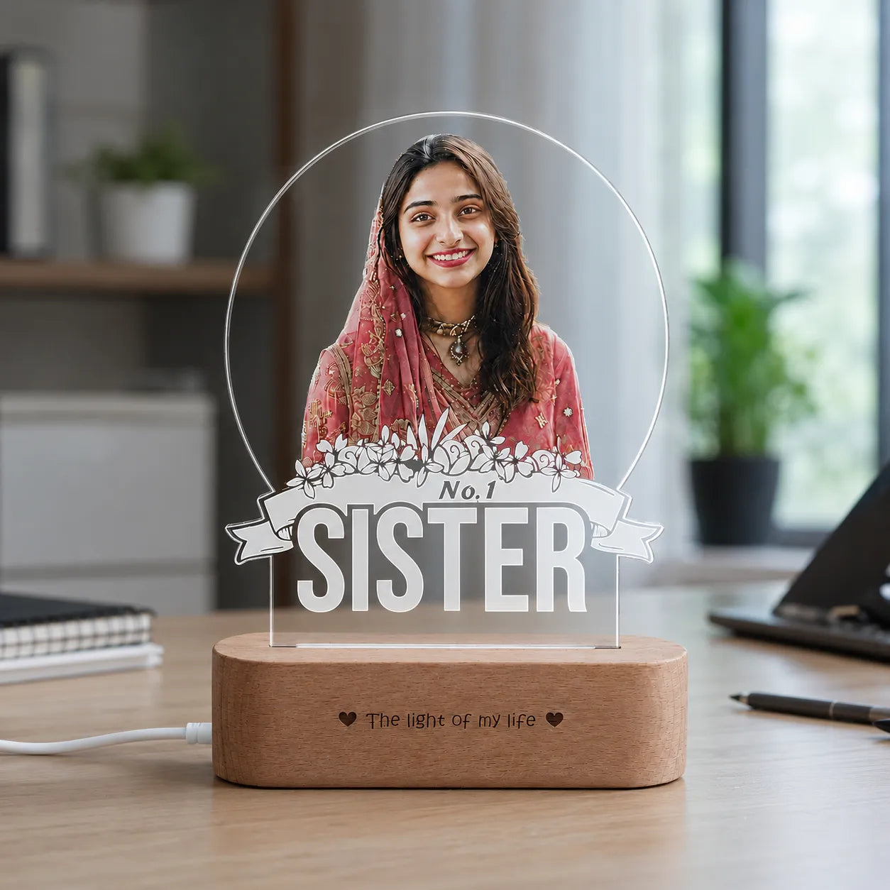 No.1 Sister – Photo Gift for Sister India | Personalized Engraved Acrylic Lamp with Wooden Base (9x6"")