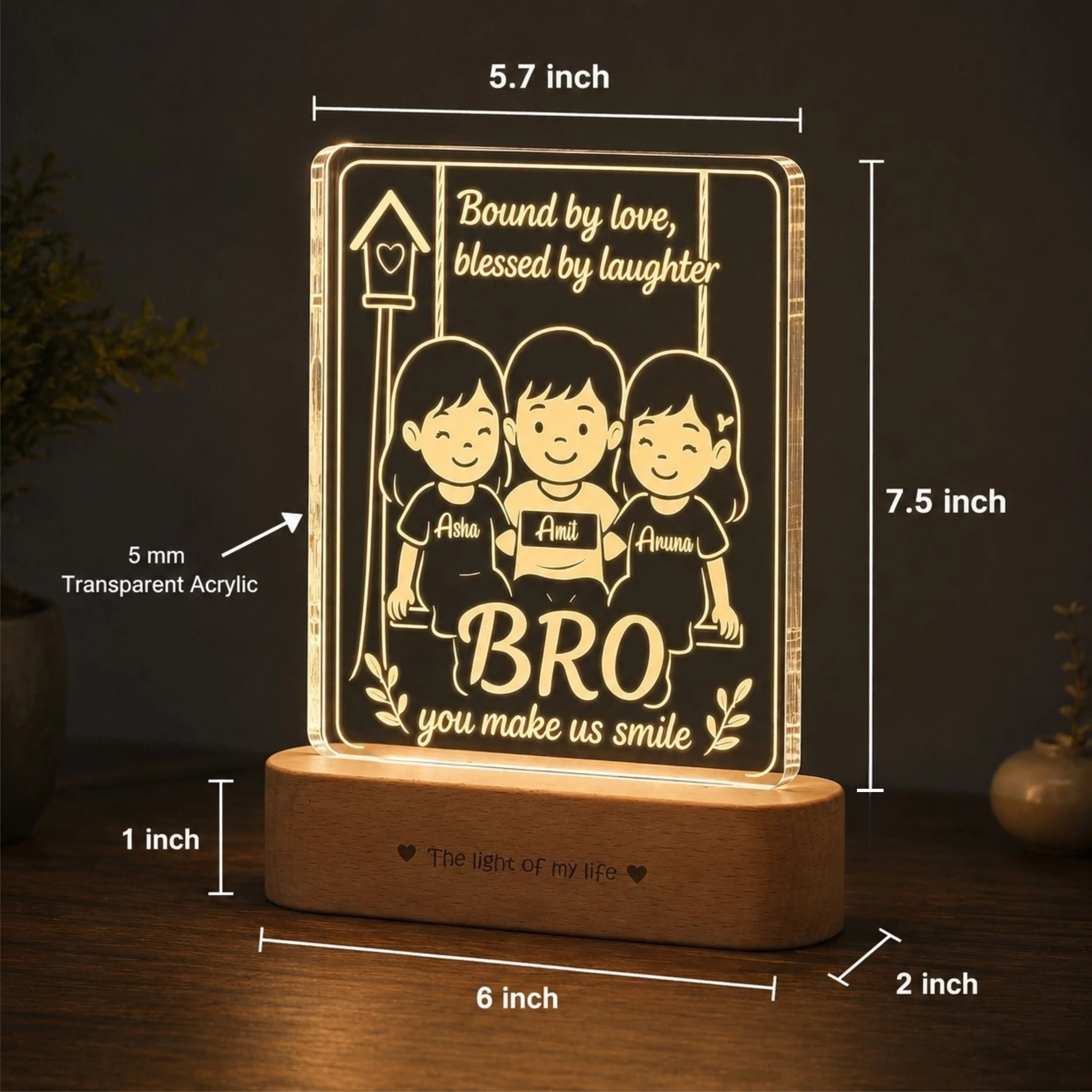 Our Brother – Personalized Rakhi Lamp for One Brother and Two Sisters | Custom Acrylic LED Gift with Names | Wooden Base | 8x6x2 inch
