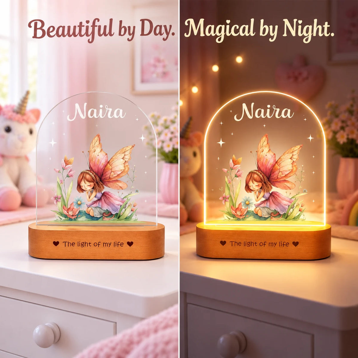 Personalized Name Night Lamp for Daughter | Custom Fairy LED Lamp | Birthday Gift for Daughter | Baby Girl Room Decor | 8x6x2 Inch Acrylic Lamp with Wooden Base