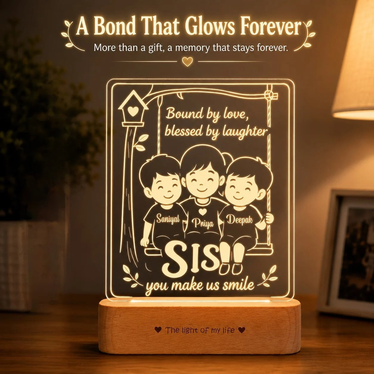 Our Sister – Personalized Rakhi Gift Lamp from Two Brothers | Custom Acrylic LED Lamp with Names | Wooden Base | 8x6x2 inch