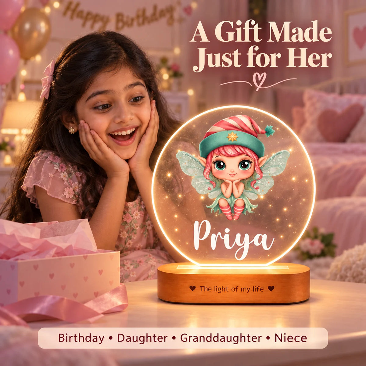 Personalized Name Night Lamp for Kids Girl | Cute Cartoon LED Lamp | Birthday Gift for Girls | Baby Room Decor | 8x6x2 Inch Acrylic Lamp with Wooden Base