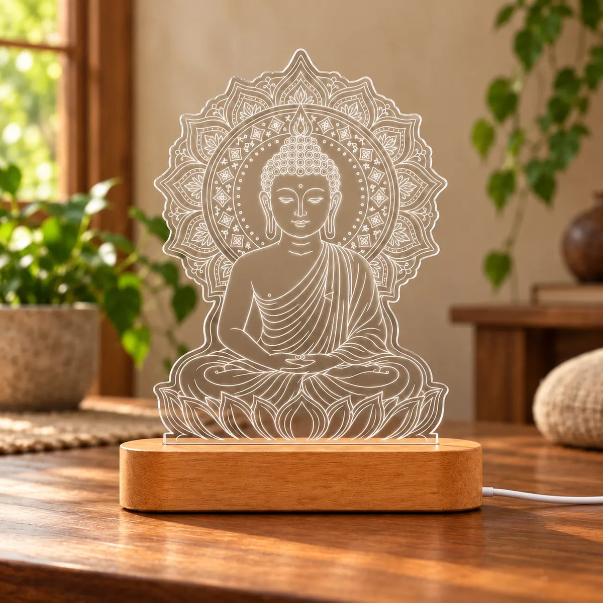 Gautam Buddha Statue LED Lamp – Mandala Buddha Showpiece for Home Decor