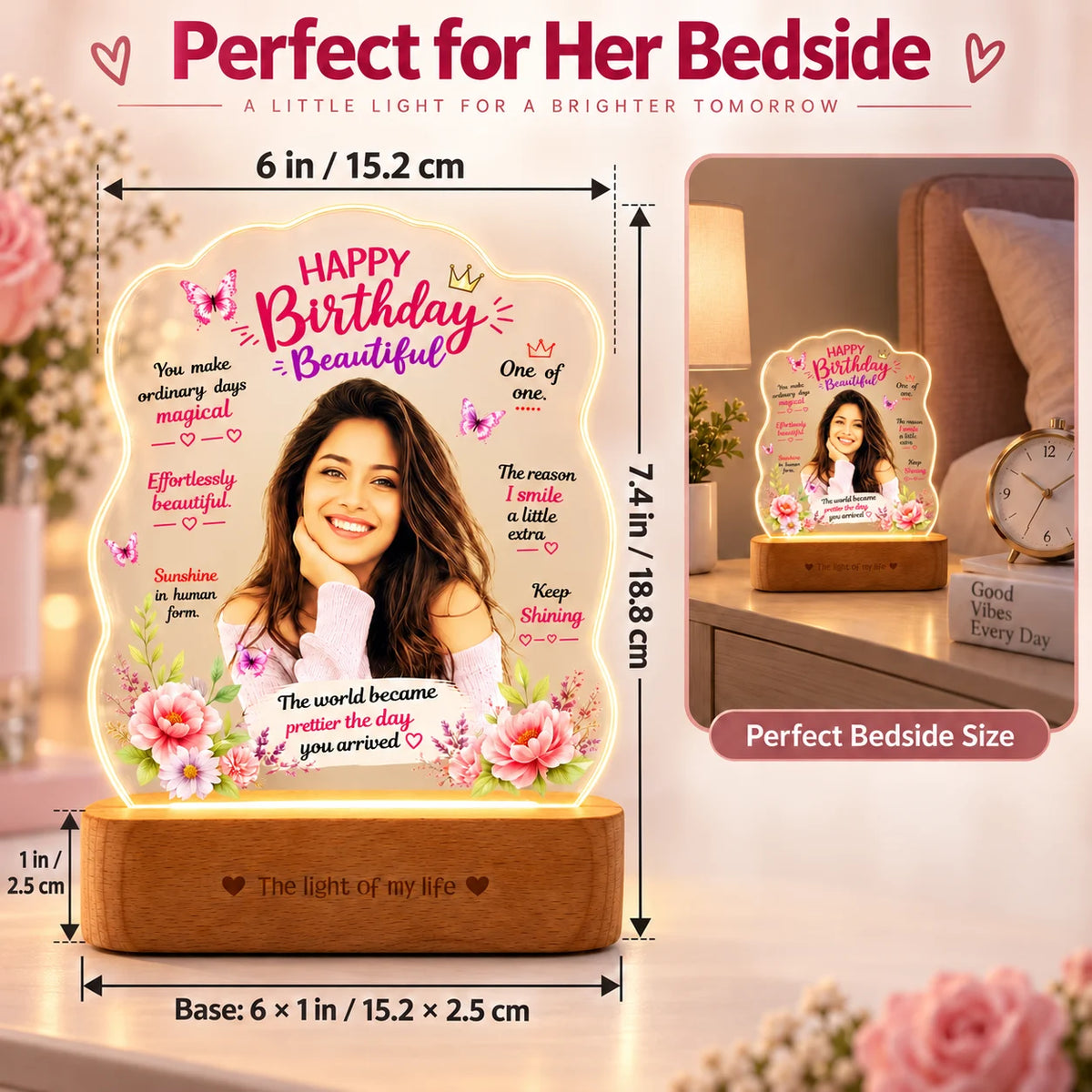 Birthday Gift for Girlfriend – Personalised Photo LED Lamp with Wooden Base