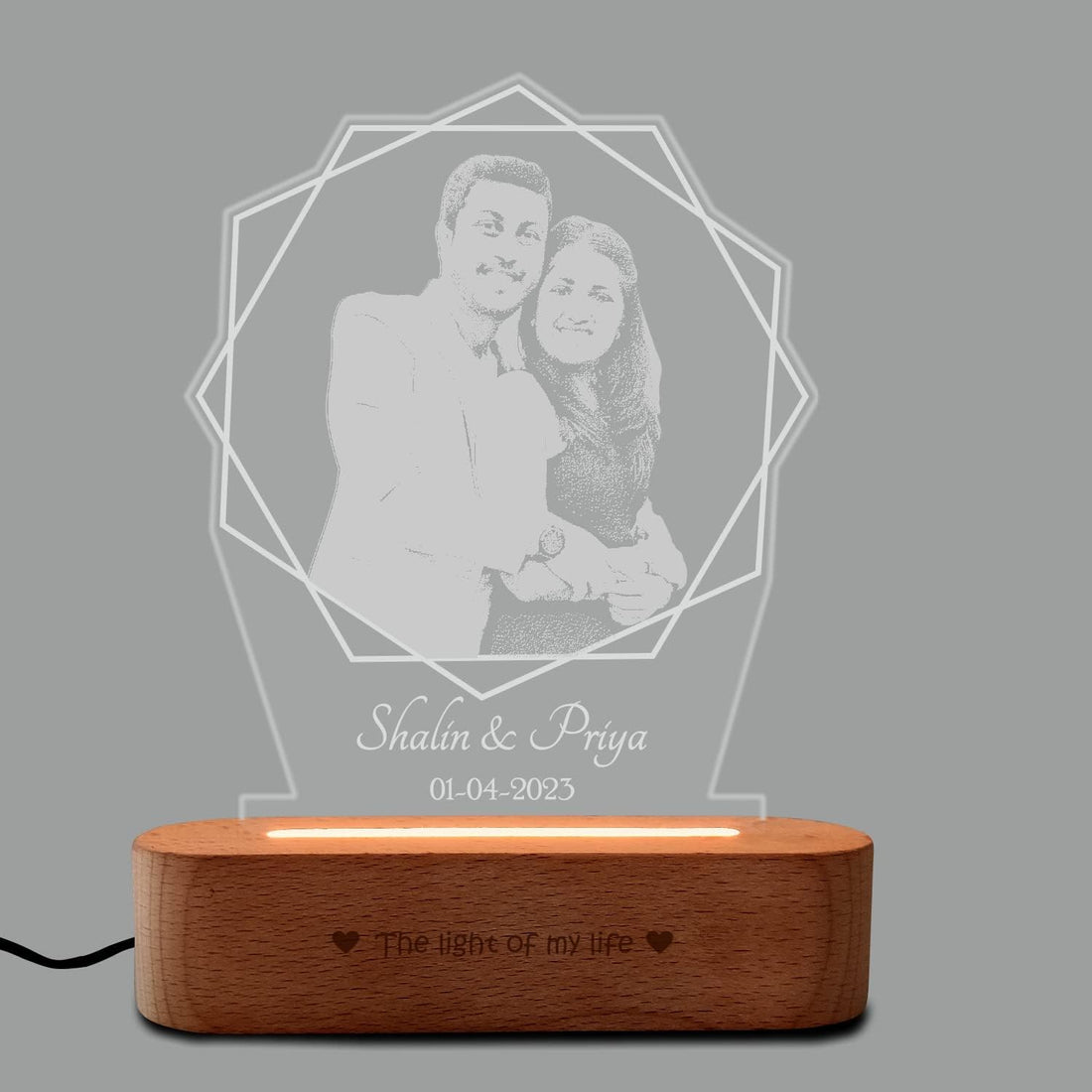 Curved Wooden Personalized Photo Frame with Lotus Light Engraved