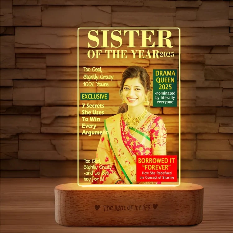 Sister of the Year 2025 – Funny LED Sister Photo Frame | Personalized Gift