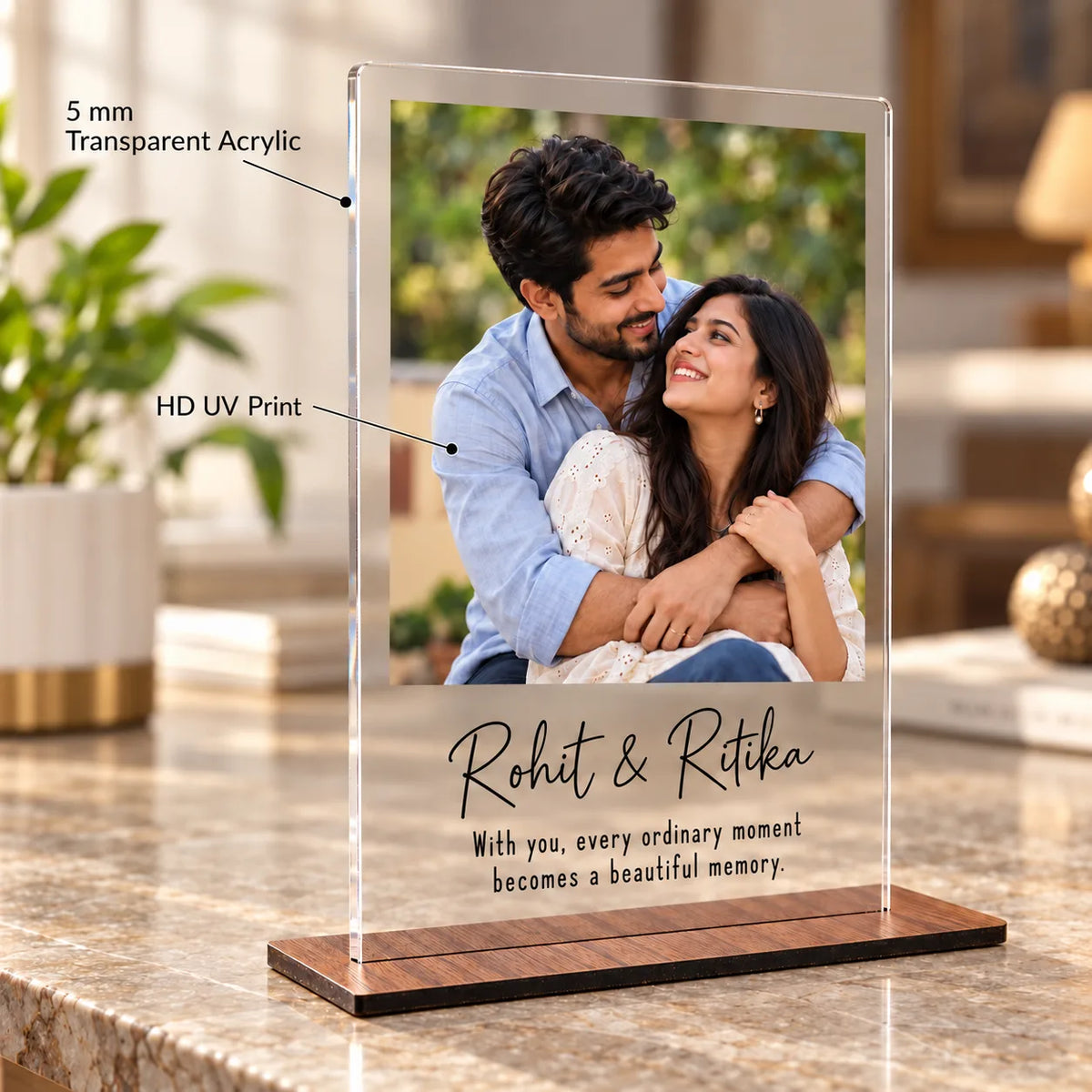 ZOCI VOCI Personalized Couple Photo Frame 8x6 Inch |3mm Acrylic Photo Frame with Wooden Look Stand | Romantic Gifts for Husband Wife, Boyfriend Girlfriend, Anniversary & Birthday