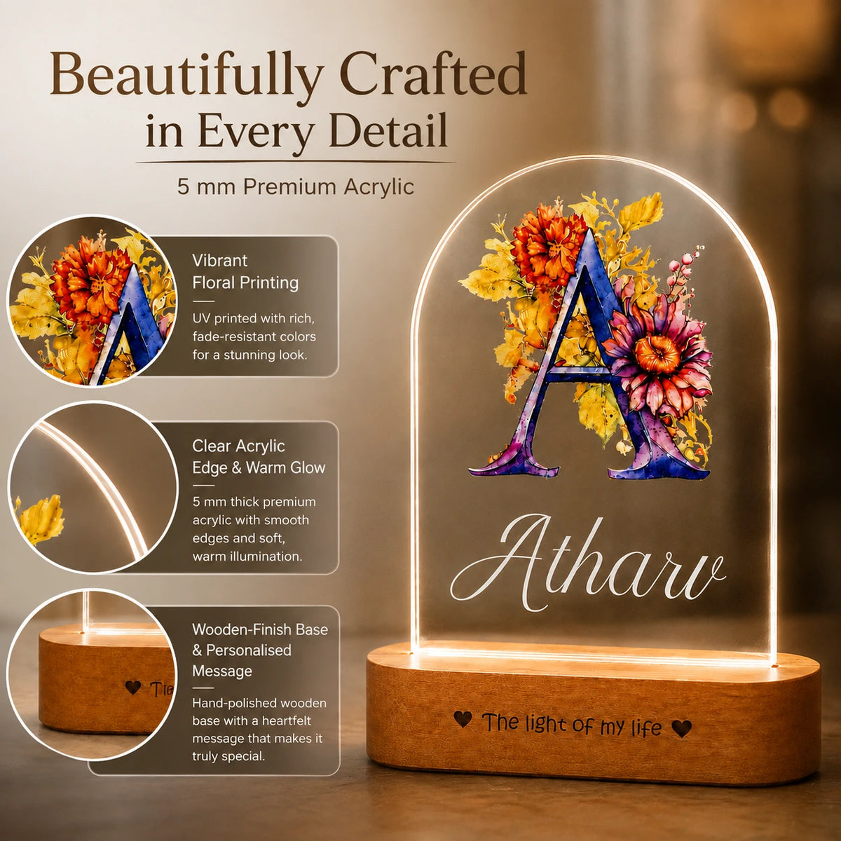 Birthday Gift for Son – Personalised Name LED Lamp with Wooden Base