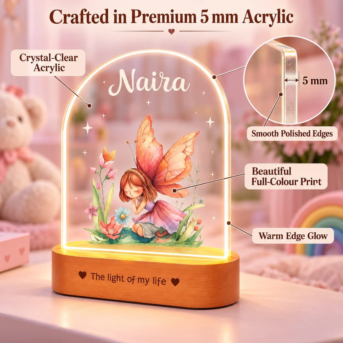 Personalized Name Night Lamp for Daughter | Custom Fairy LED Lamp | Birthday Gift for Daughter | Baby Girl Room Decor | 8x6x2 Inch Acrylic Lamp with Wooden Base