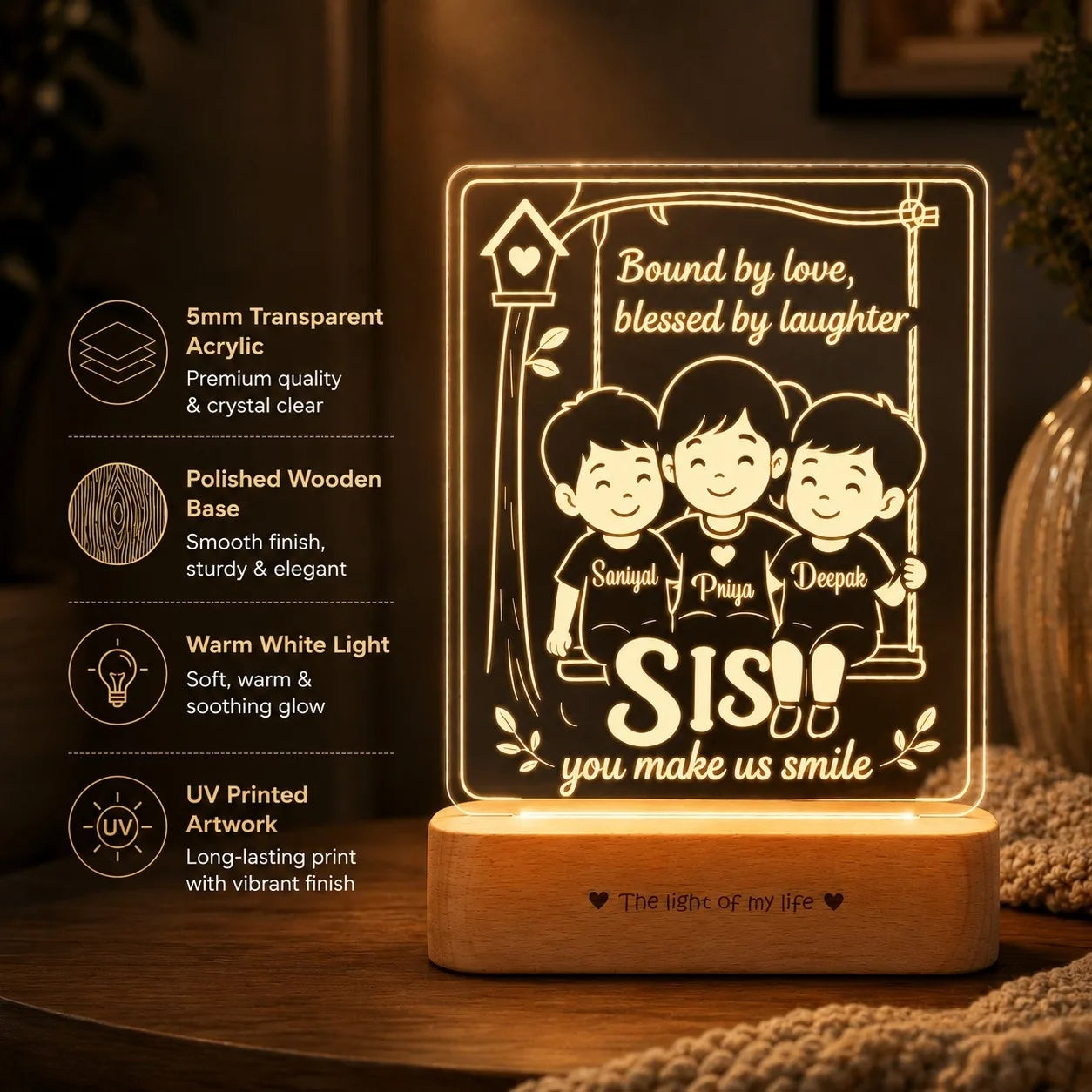 Our Sister – Personalized Rakhi Gift Lamp from Two Brothers | Custom Acrylic LED Lamp with Names | Wooden Base | 8x6x2 inch