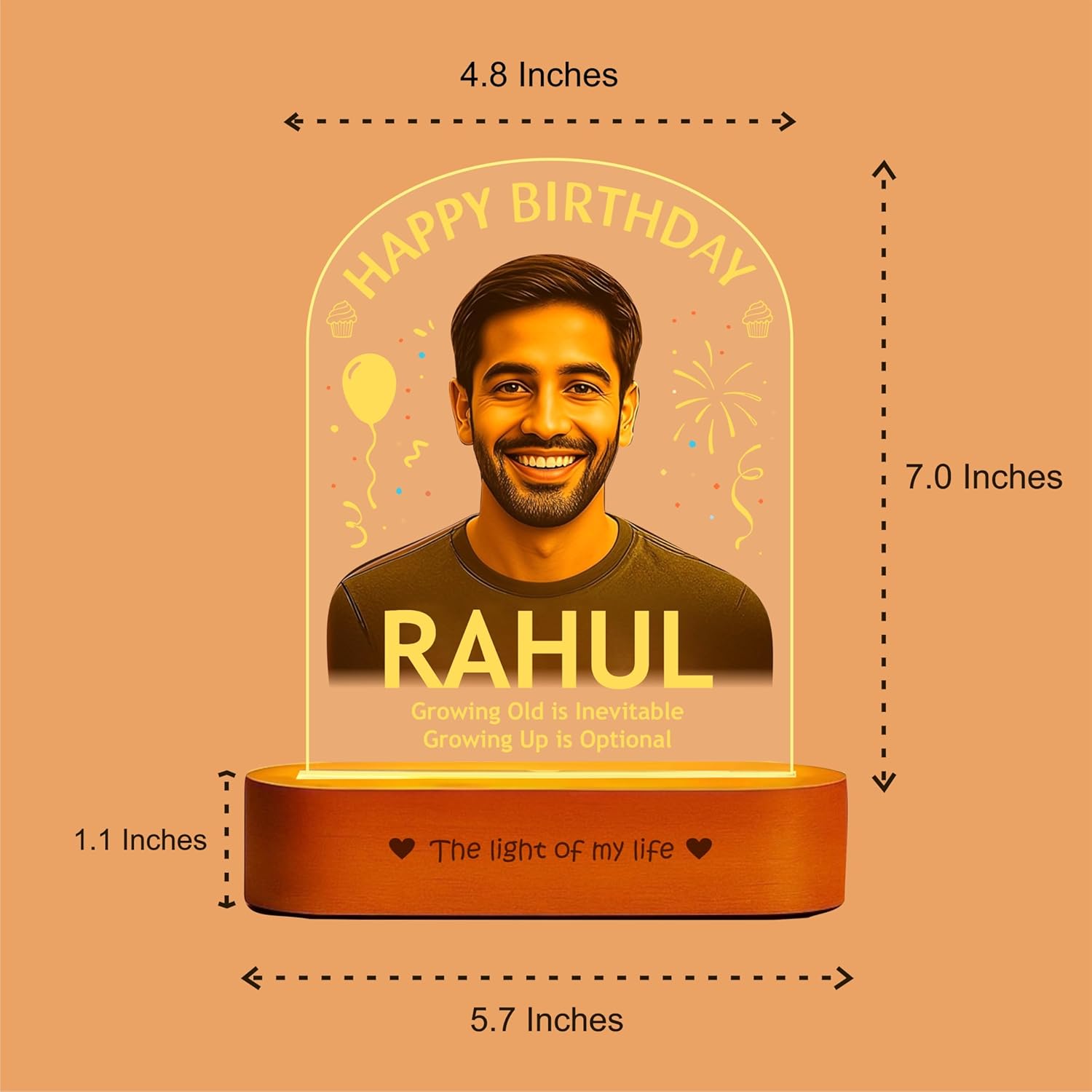 Birthday Gift for Men – Personalized Photo Lamp | Custom Acrylic LED Night Light with Name & Picture – Growing Old is Inevitable, Growing Up is Optional