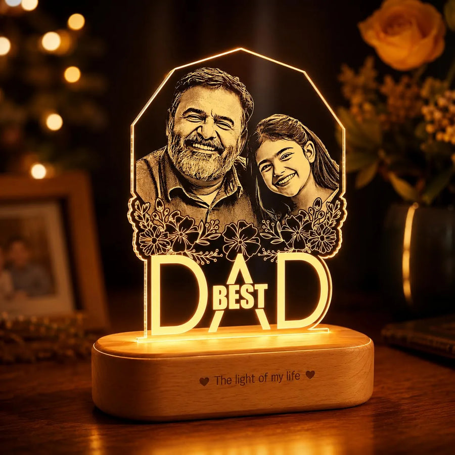 Best Father’s Day Gift – Custom Engraved Acrylic Lamp with Photo & "Best Dad" Quote | Warm Wooden Base