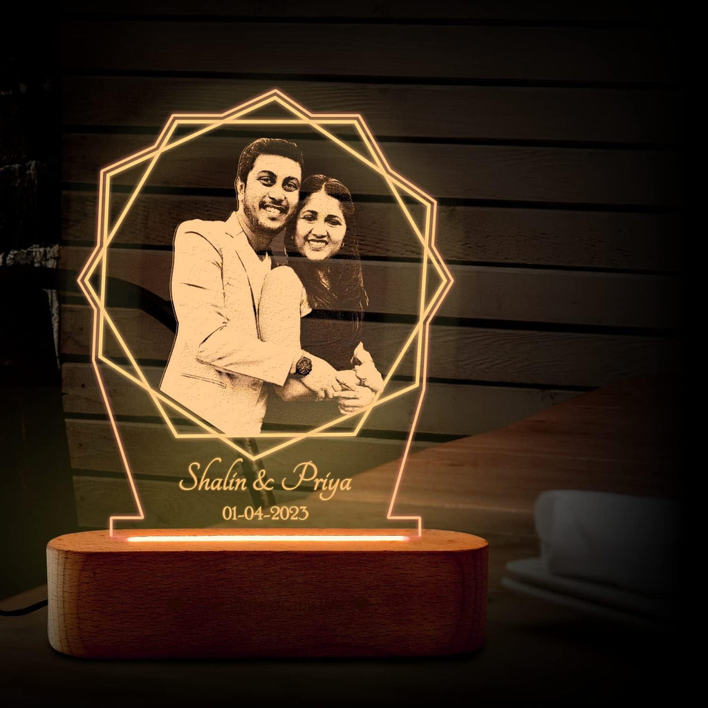 Curved Wooden Personalized Photo Frame with Lotus Light Engraved