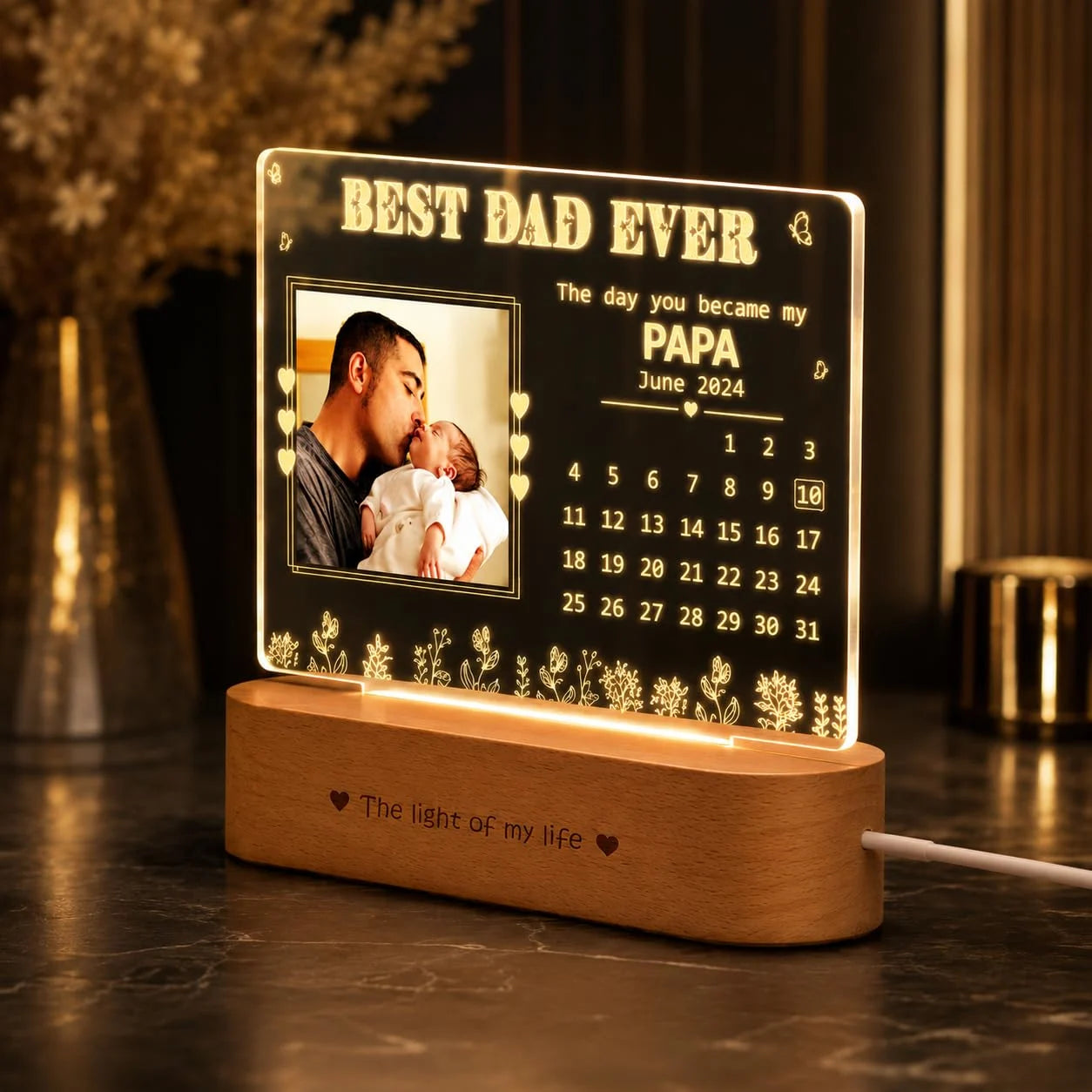 Personalized Lamp for New Dad – First Father’s Day Gift with Baby’s Birthdate Calendar & Printed Photo