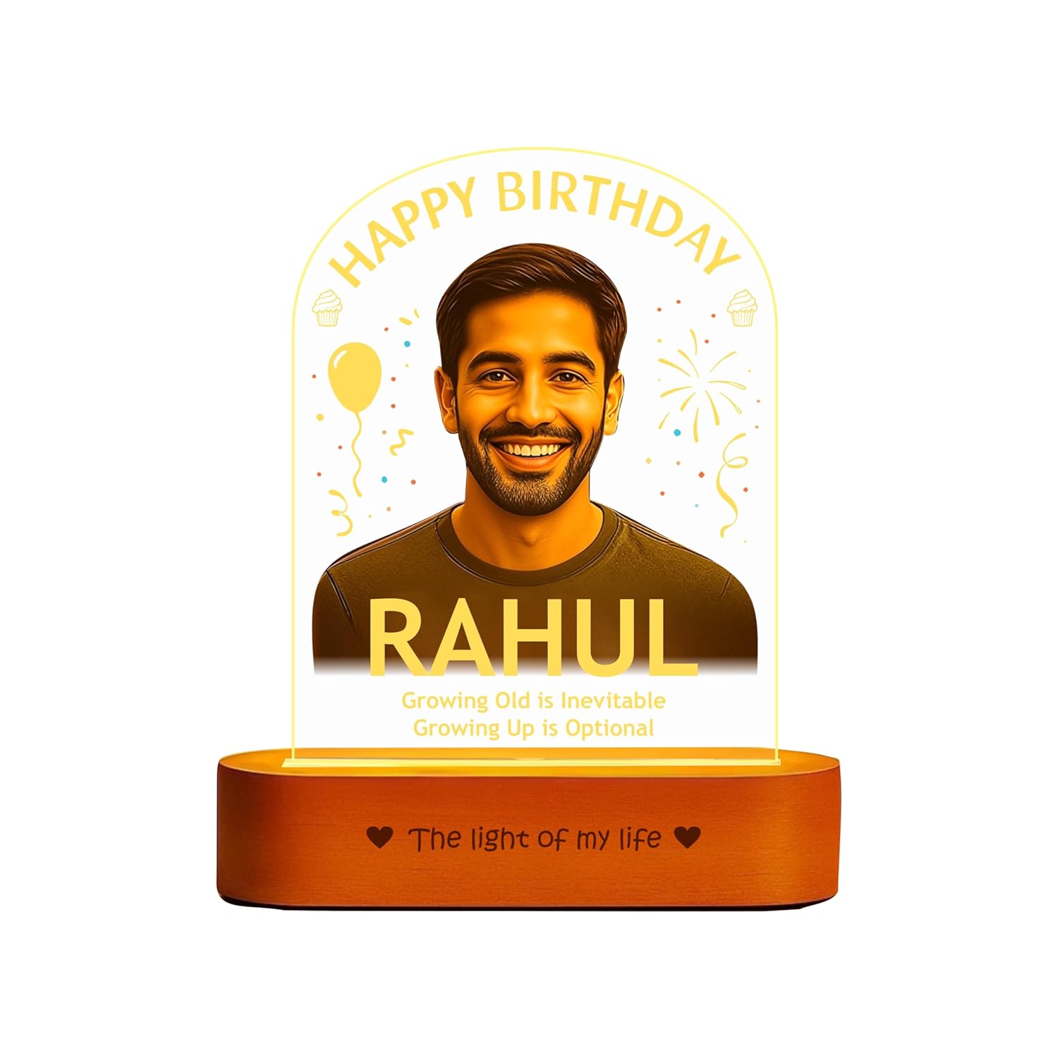 Birthday Gift for Men – Personalized Photo Lamp | Custom Acrylic LED Night Light with Name & Picture – Growing Old is Inevitable, Growing Up is Optional