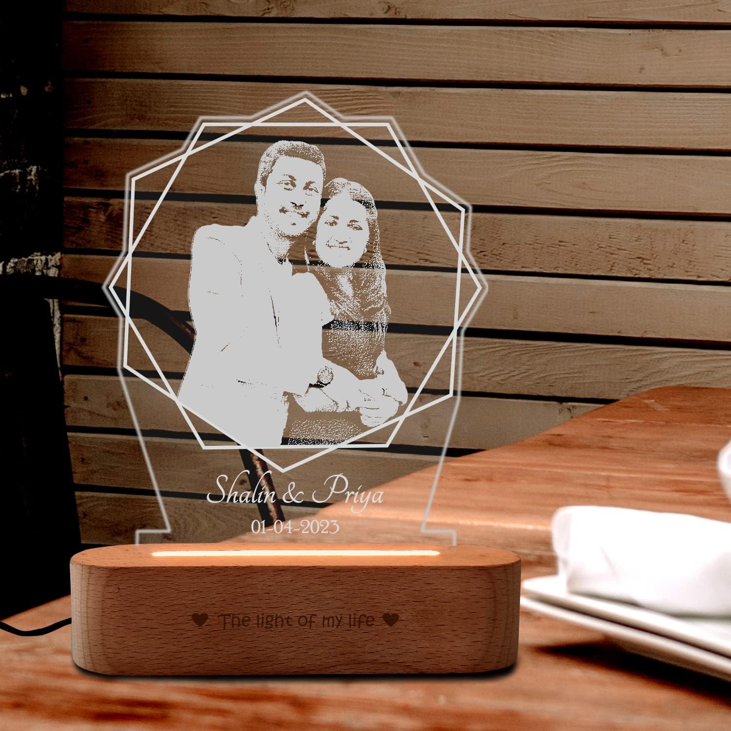 Curved Wooden Personalized Photo Frame with Lotus Light Engraved