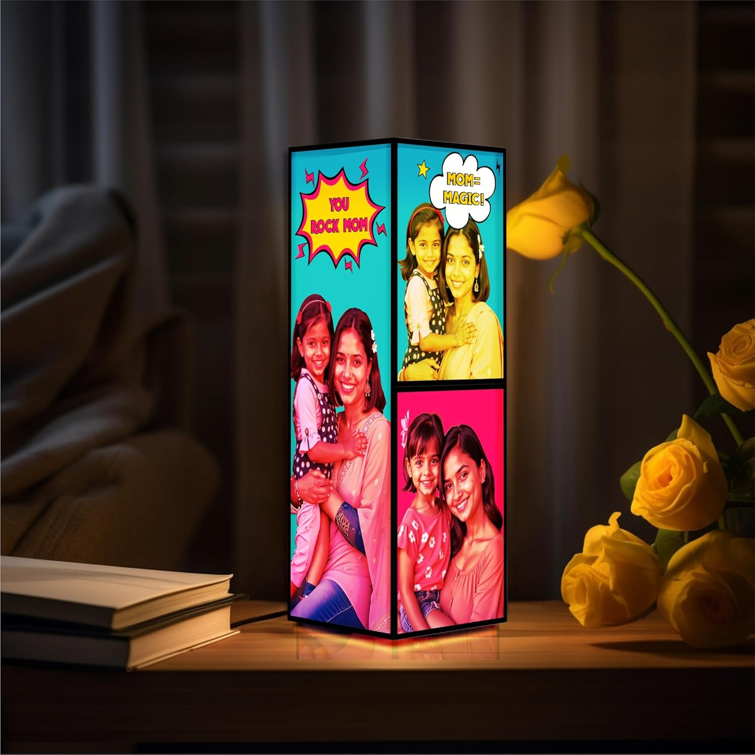 Personalized Mom Photo Lamp - Custom Color Pop Art Tower | Mother's Day Gift | 7 Photos | 11.5" Acrylic Light Decor