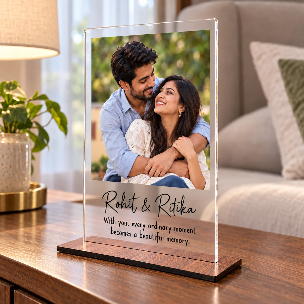 ZOCI VOCI Personalized Couple Photo Frame 8x6 Inch |3mm Acrylic Photo Frame with Wooden Look Stand | Romantic Gifts for Husband Wife, Boyfriend Girlfriend, Anniversary & Birthday