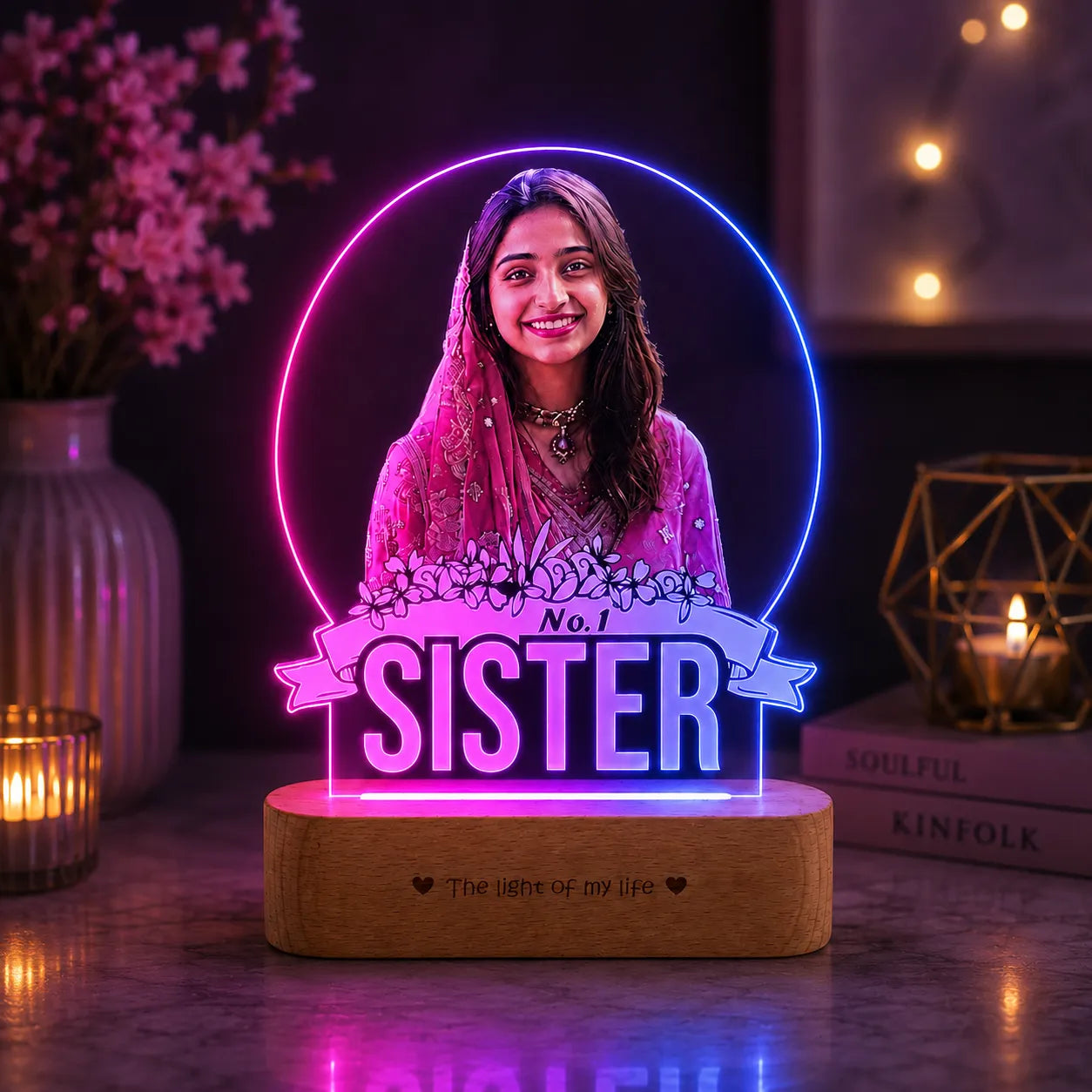 No.1 Sister – Photo Gift for Sister India | Personalized Engraved Acrylic Lamp with Wooden Base (9x6"")
