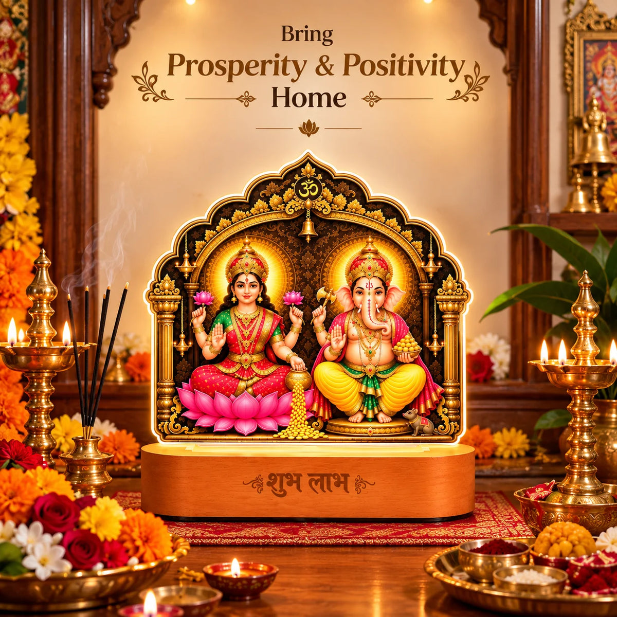 Diwali Gift Lakshmi Ganesh LED Lamp | 5 mm Acrylic Pooja Room Frame with Wooden Base