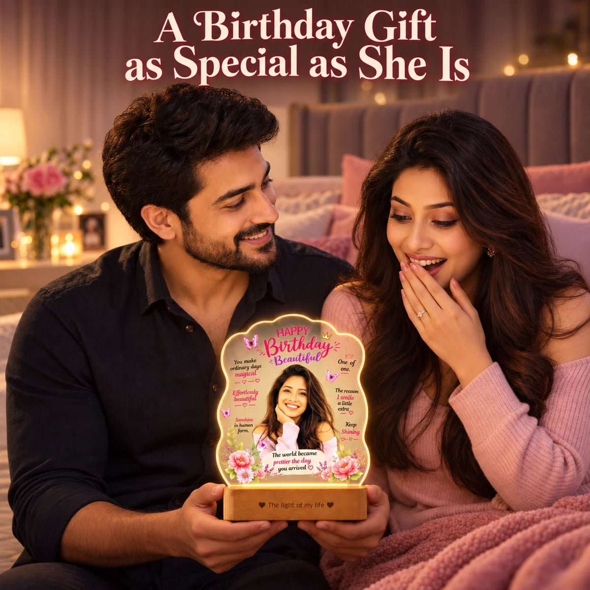 Birthday Gift for Girlfriend – Personalised Photo LED Lamp with Wooden Base