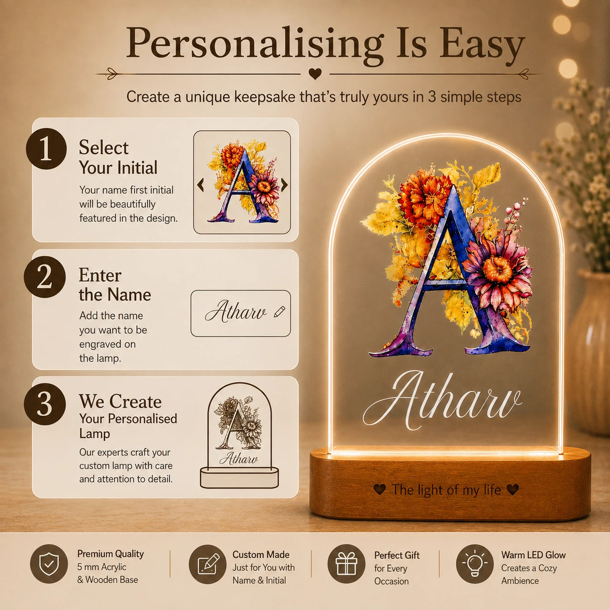 Birthday Gift for Son – Personalised Name LED Lamp with Wooden Base