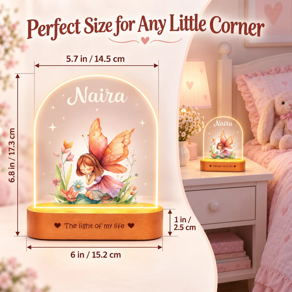 Personalized Name Night Lamp for Daughter | Custom Fairy LED Lamp | Birthday Gift for Daughter | Baby Girl Room Decor | 8x6x2 Inch Acrylic Lamp with Wooden Base