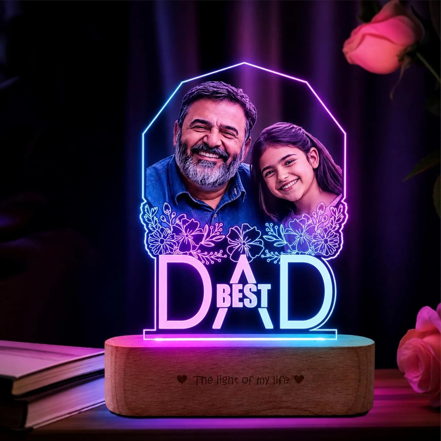 Best Father’s Day Gift – Custom Engraved Acrylic Lamp with Photo & "Best Dad" Quote | Warm Wooden Base