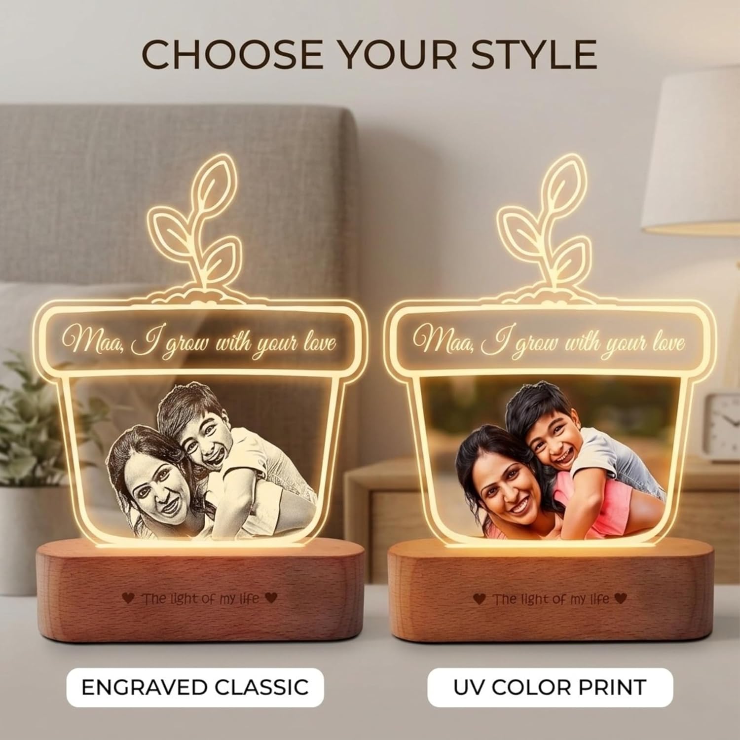 Maa, I Grow with Your Love – Personalized Acrylic Lamp | Unique Mother’s Day Gift