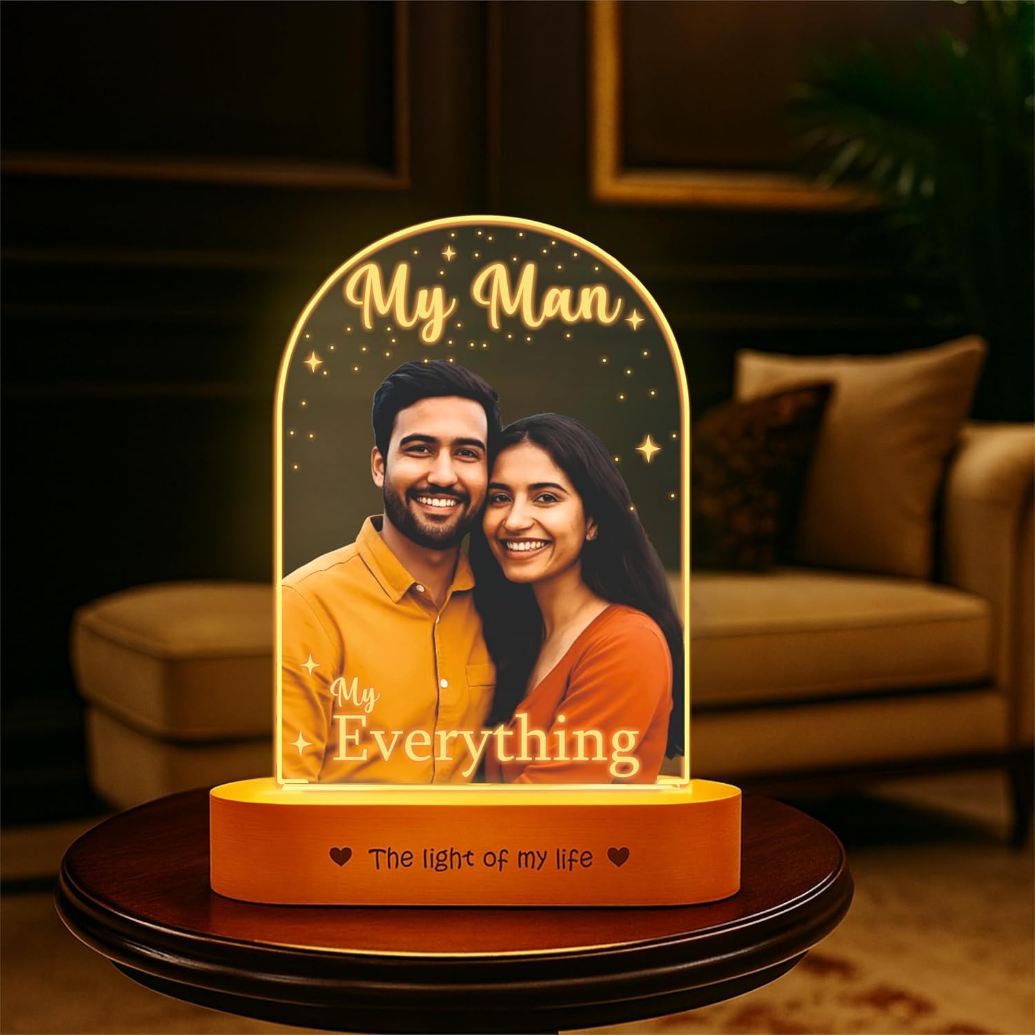 Gift for Husband – “My Man, My Everything” Personalized Photo Lamp | Romantic Acrylic LED Night Light with Wooden Base | Anniversary, Birthday & Valentine Gift