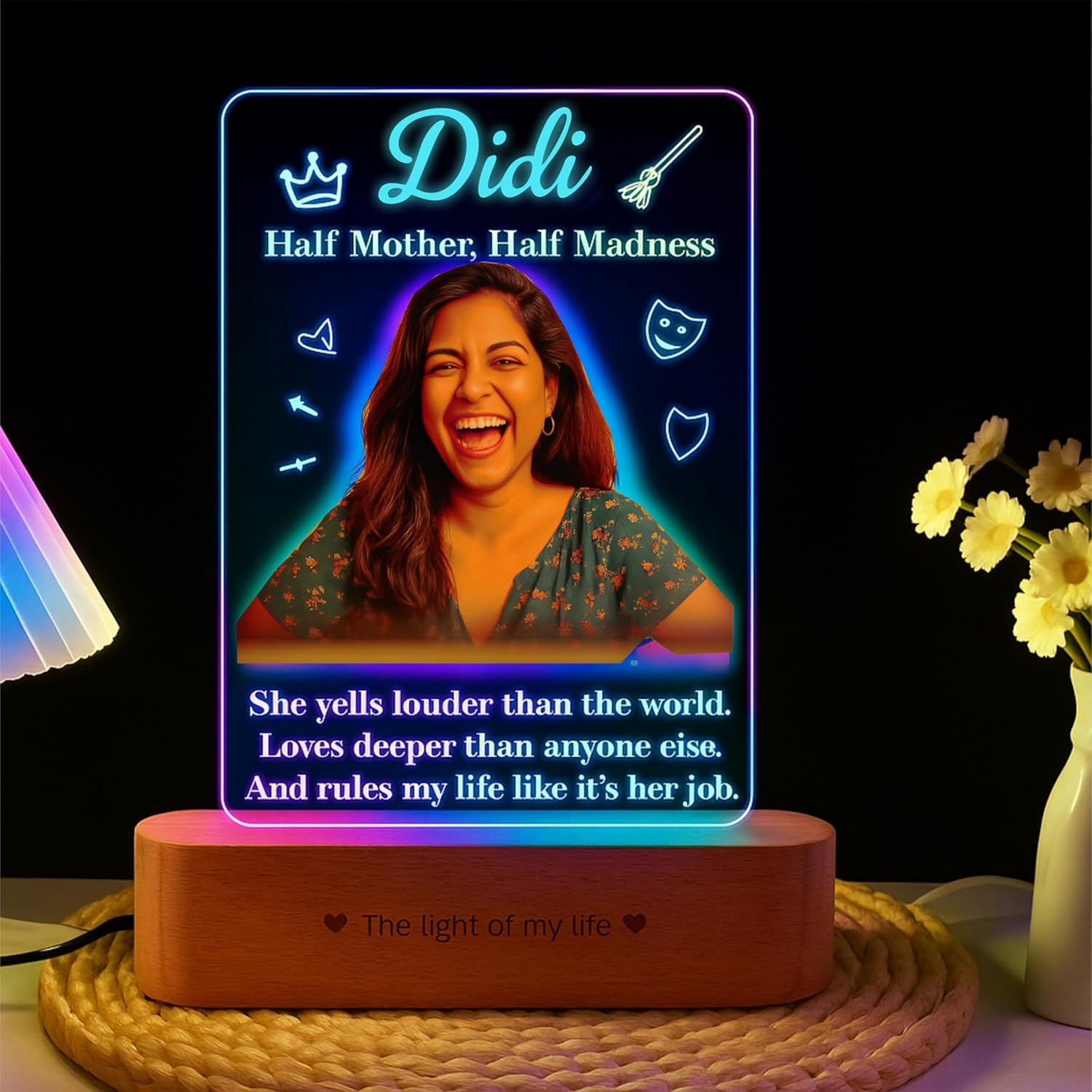 Half Mother, Half Madness - Fun Big Sister Gift | Personalized LED Photo Frame with Name & Picture