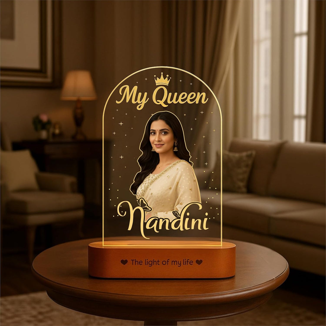 Gift for Wife – “My Queen” Personalized Photo Lamp | Romantic Acrylic LED Night Light with Wooden Base | Custom UV Printed Photo Lamp for Anniversary, Birthday & Valentine