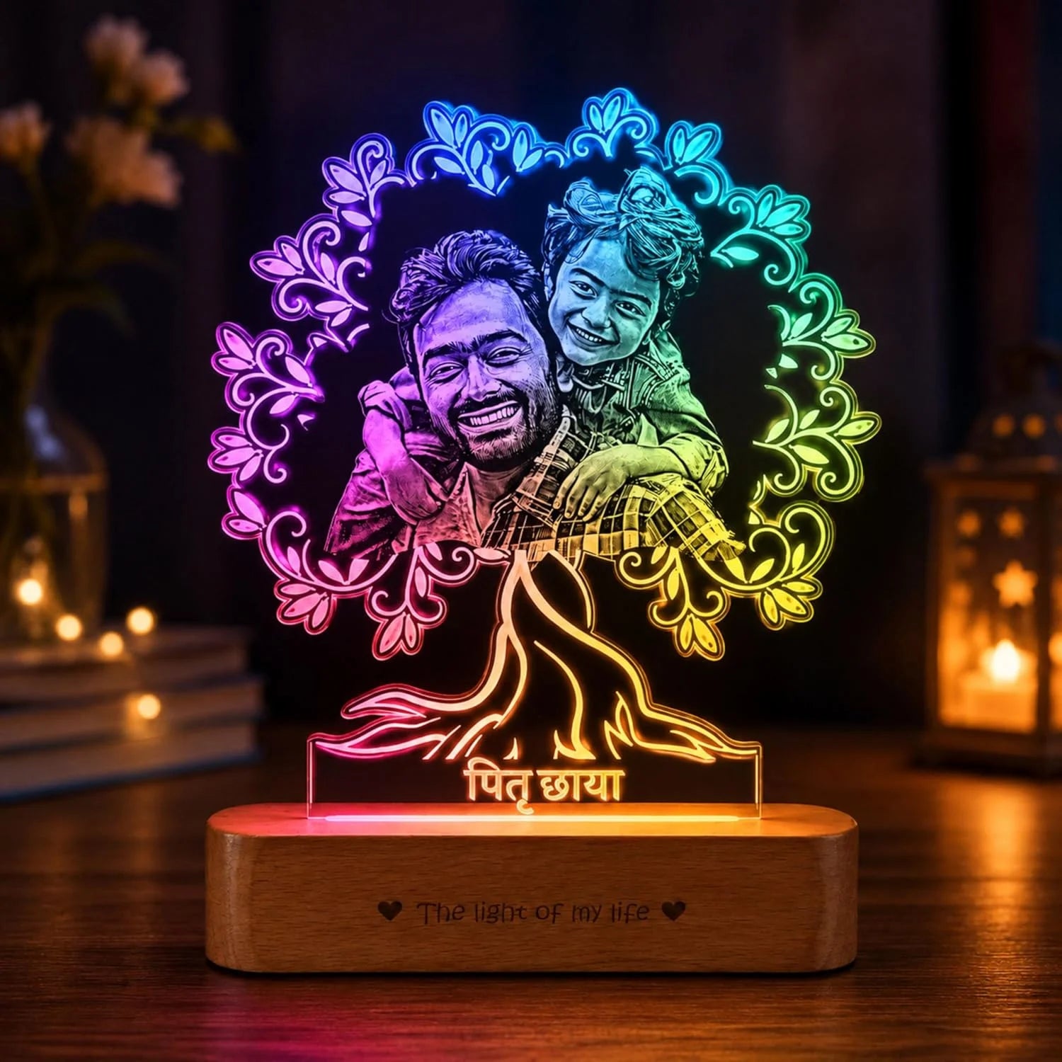 Pitruchaya Tree Lamp – A Sentimental Gift for Dad | Personalized Dad & Kid Photo Engraved Acrylic & Wood Lamp