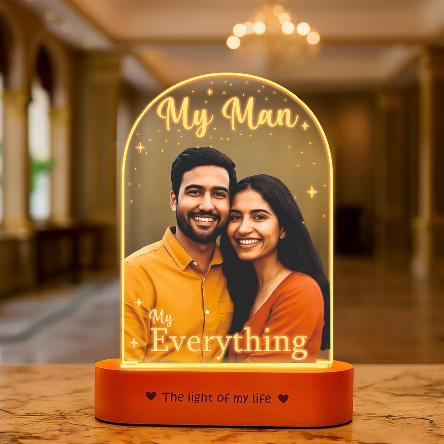 Gift for Husband – “My Man, My Everything” Personalized Photo Lamp | Romantic Acrylic LED Night Light with Wooden Base | Anniversary, Birthday & Valentine Gift
