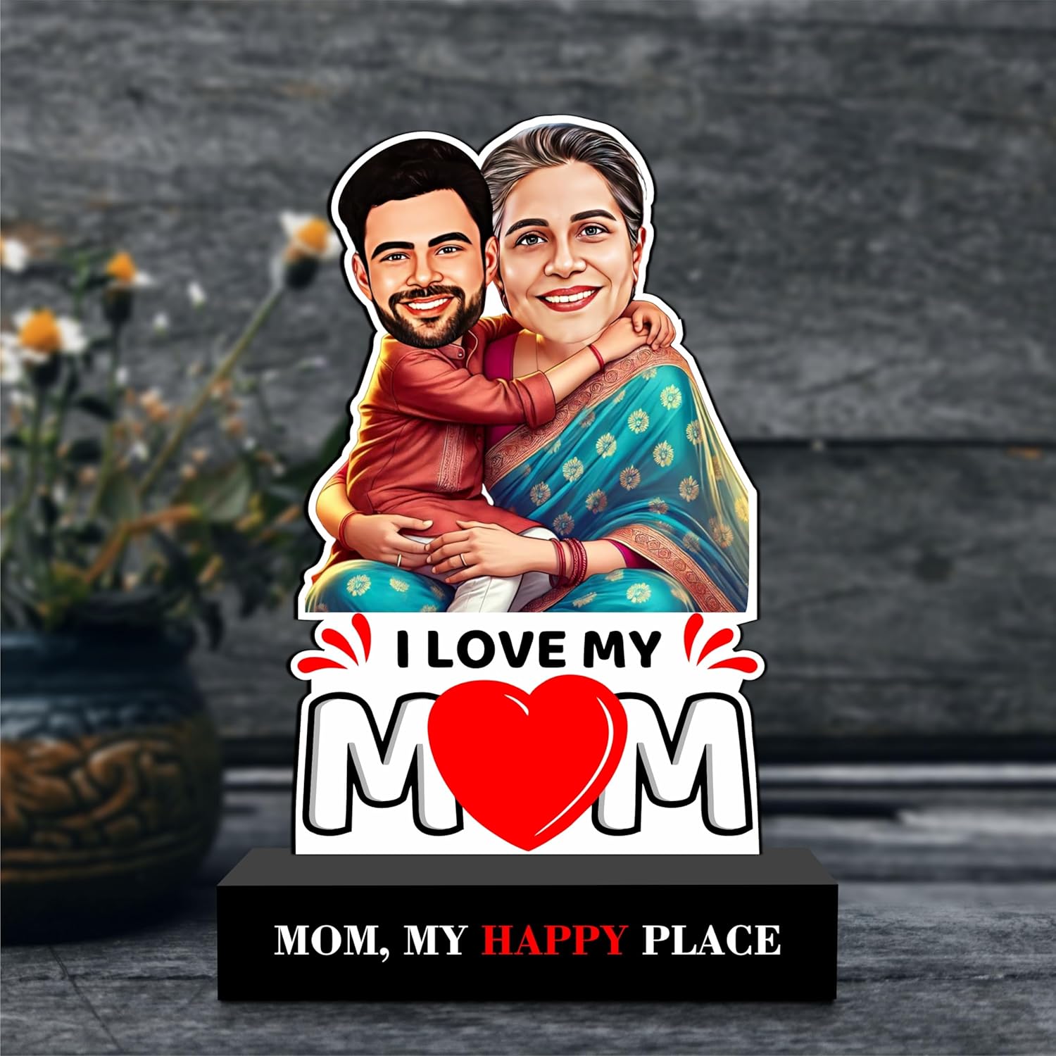 Mom, My Happy Place – Personalized Hugging Caricature Gift!