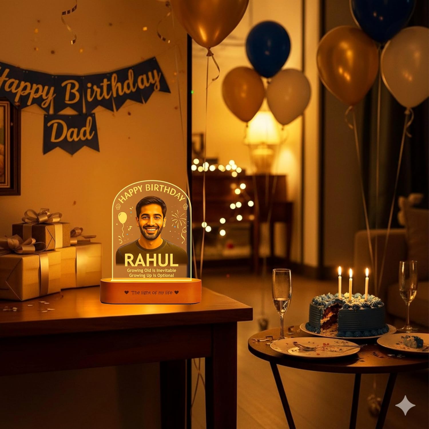 Birthday Gift for Men – Personalized Photo Lamp | Custom Acrylic LED Night Light with Name & Picture – Growing Old is Inevitable, Growing Up is Optional