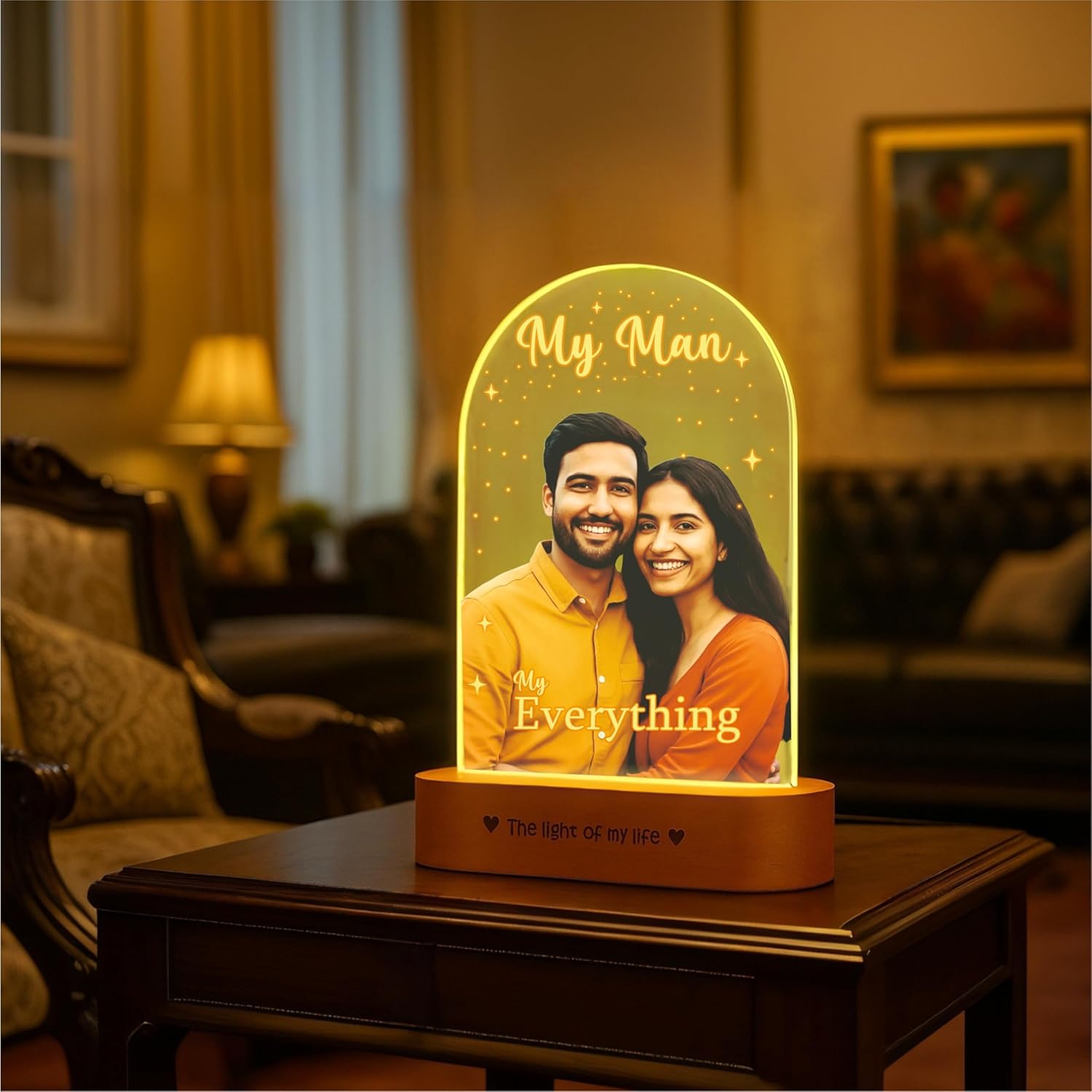 Gift for Husband – “My Man, My Everything” Personalized Photo Lamp | Romantic Acrylic LED Night Light with Wooden Base | Anniversary, Birthday & Valentine Gift