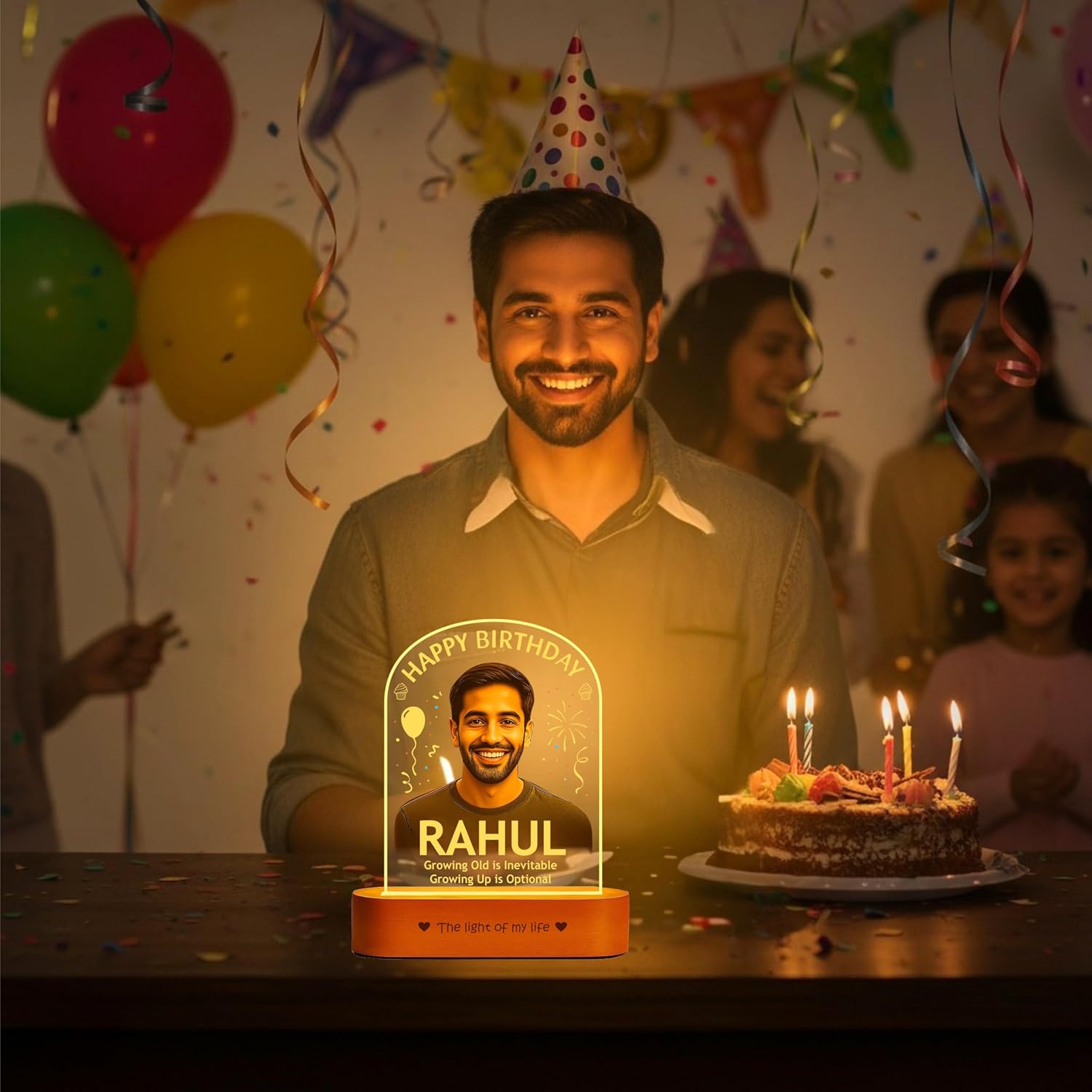 Birthday Gift for Men – Personalized Photo Lamp | Custom Acrylic LED Night Light with Name & Picture – Growing Old is Inevitable, Growing Up is Optional