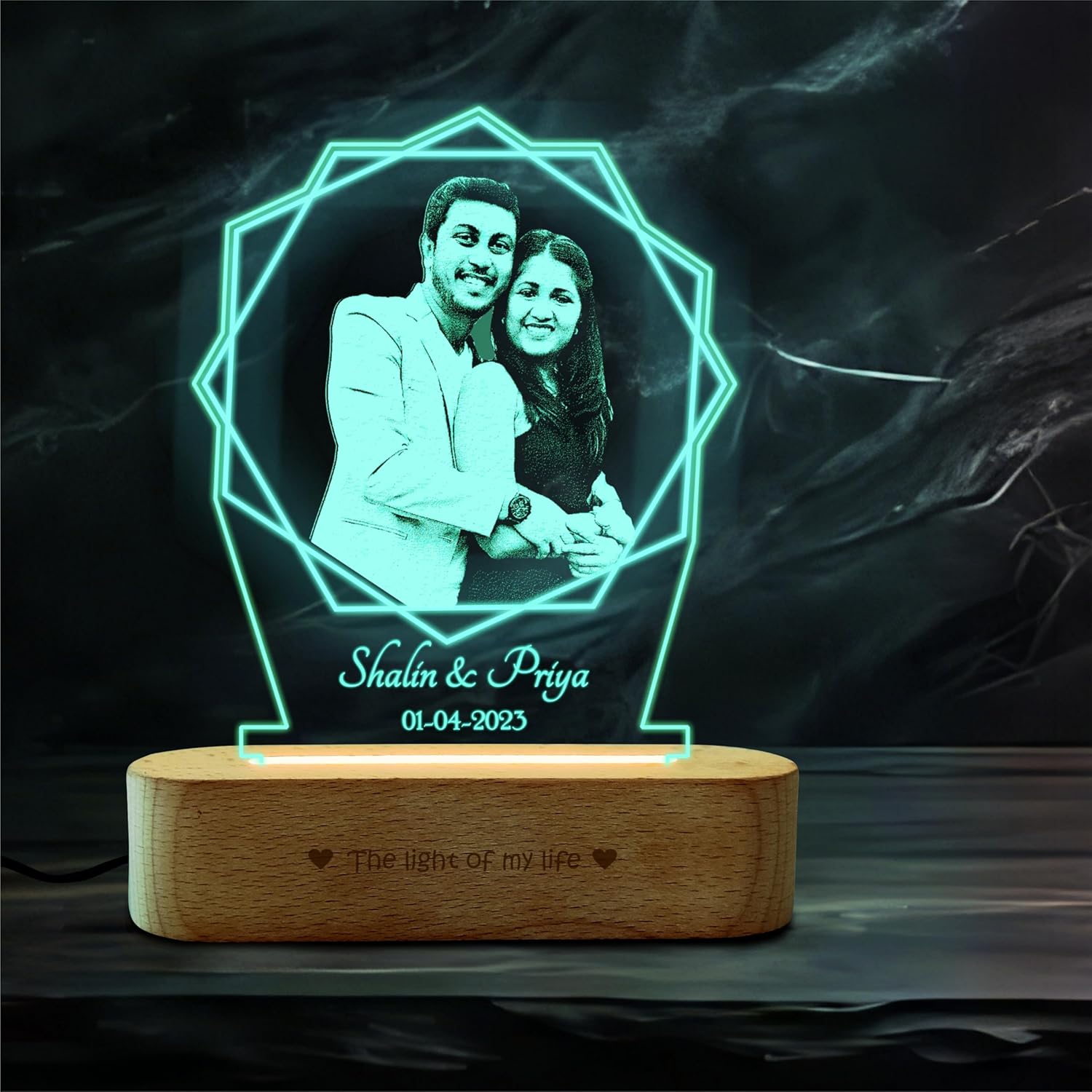 Curved Wooden Personalized Photo Frame with Lotus Light Engraved