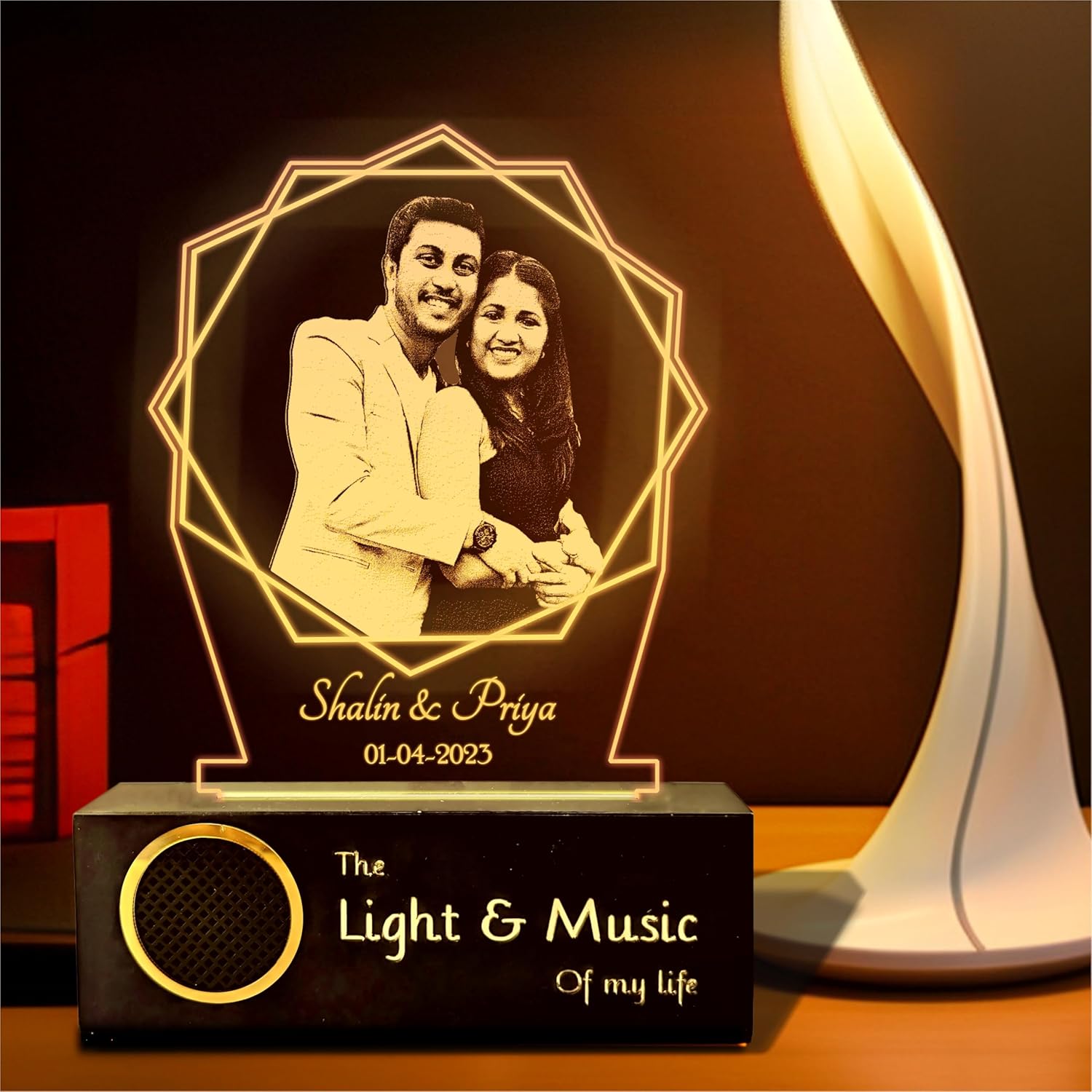 Curved Wooden Personalized Photo Frame with Lotus Light Engraved