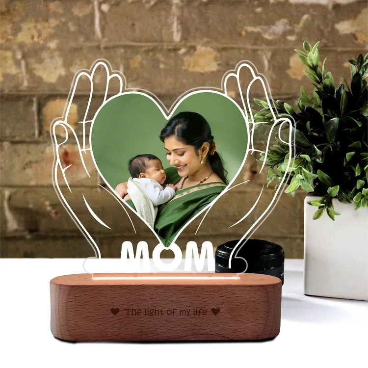 Personalized Gift for Working Mom – Custom Photo Engraved LED Lamp with Heart & Hands Design