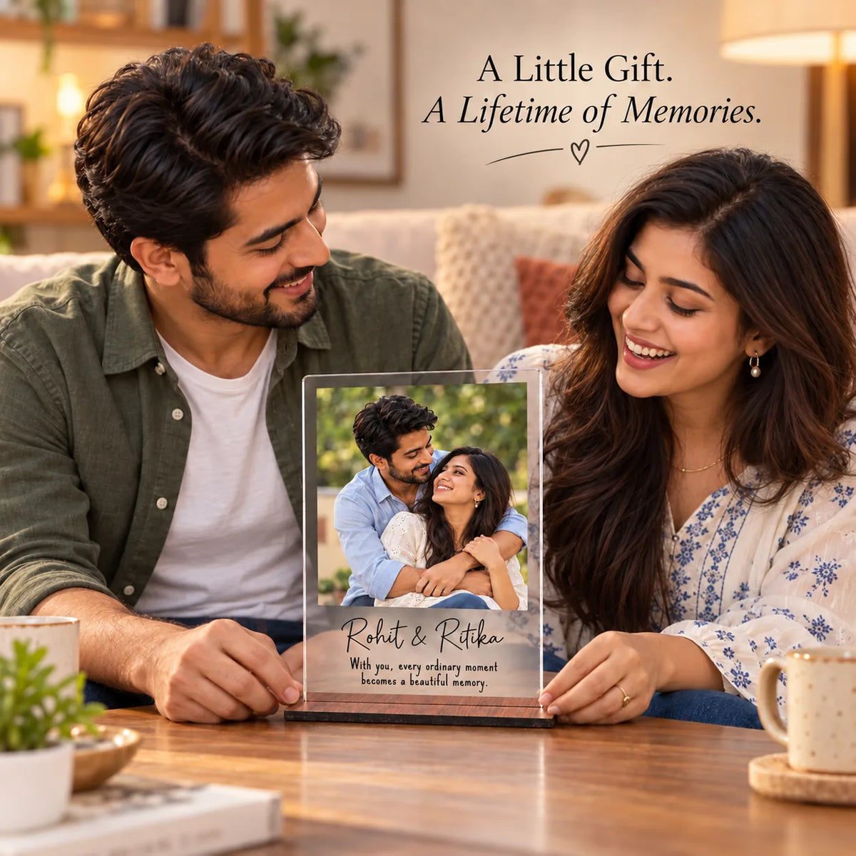 ZOCI VOCI Personalized Couple Photo Frame 8x6 Inch |3mm Acrylic Photo Frame with Wooden Look Stand | Romantic Gifts for Husband Wife, Boyfriend Girlfriend, Anniversary & Birthday
