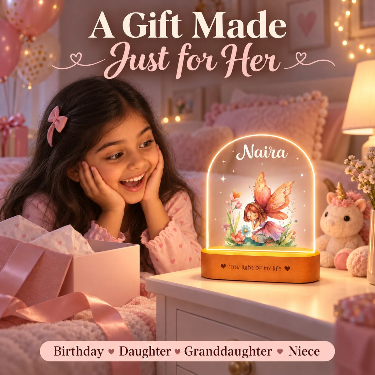 Personalized Name Night Lamp for Daughter | Custom Fairy LED Lamp | Birthday Gift for Daughter | Baby Girl Room Decor | 8x6x2 Inch Acrylic Lamp with Wooden Base